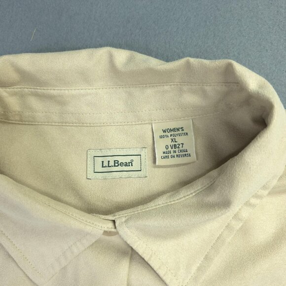 LL Bean Shirt Womens XL Beige Faux Suede Button Long Sleeve Blouse Timeless - Picture 3 of 11